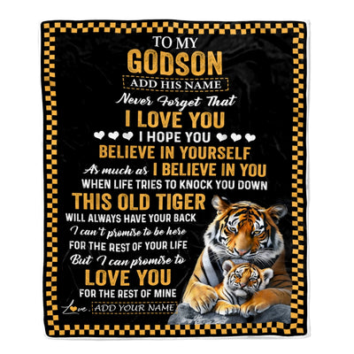 Personalized To My Godson Gifts Blanket From Aunt Uncle Godmother This Old Tiger Love You Godson Birthday Gifts Graduation Christmas Customized Fleece Blanket | teecentury