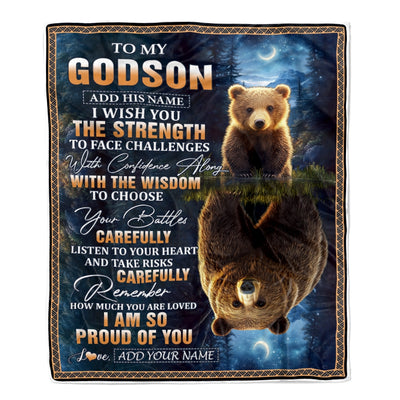 Personalized To My Godson Gifts Blanket From Godmother Godfather I Wish You The Strength Bear Godson Birthday Gifts Christmas Graduation Fleece Blanket | teecentury