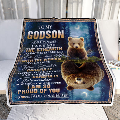 Personalized To My Godson Gifts Blanket From Godmother Godfather I Wish You The Strength Bear Godson Birthday Gifts Christmas Graduation Fleece Blanket | teecentury