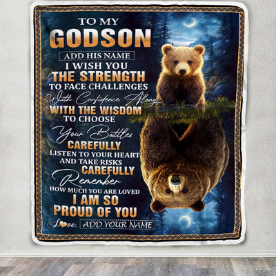 Personalized To My Godson Gifts Blanket From Godmother Godfather I Wish You The Strength Bear Godson Birthday Gifts Christmas Graduation Fleece Blanket | teecentury