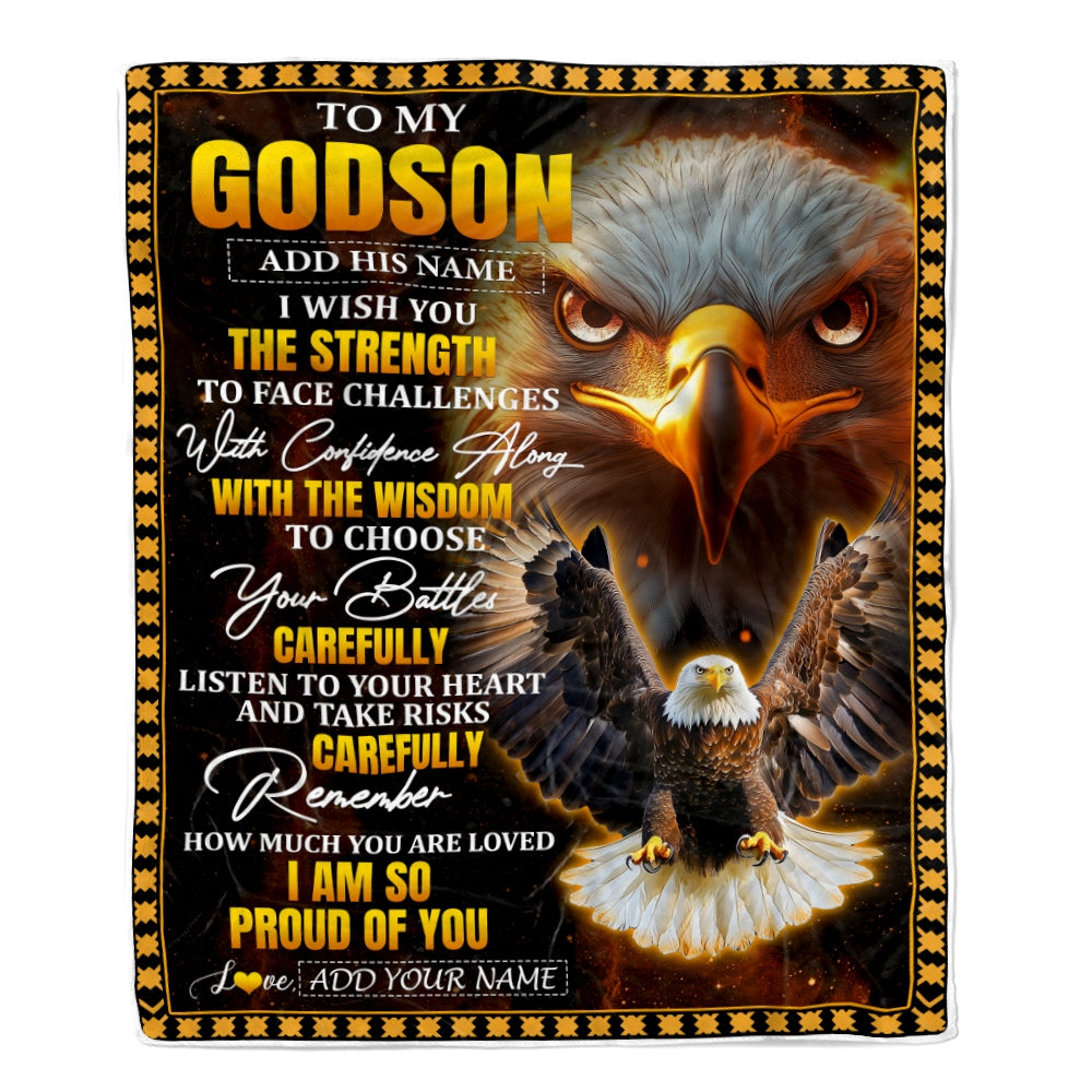 Personalized To My Godson Gifts Blanket From Godmother Godfather I Wish You The Strength Eagle Godson Birthday Gifts Christmas Graduation Fleece Blanket | teecentury