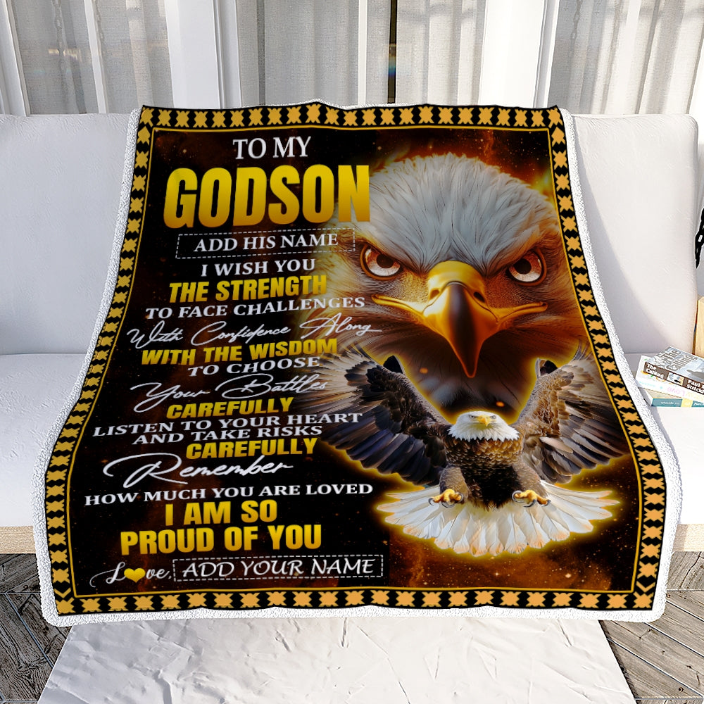 Personalized To My Godson Gifts Blanket From Godmother Godfather I Wish You The Strength Eagle Godson Birthday Gifts Christmas Graduation Fleece Blanket | teecentury