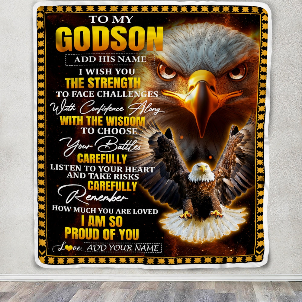 Personalized To My Godson Gifts Blanket From Godmother Godfather I Wish You The Strength Eagle Godson Birthday Gifts Christmas Graduation Fleece Blanket | teecentury