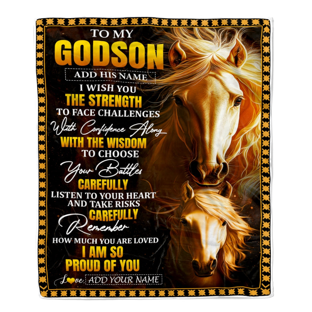 Personalized To My Godson Gifts Blanket From Godmother Godfather I Wish You The Strength Horse Godson Birthday Gifts Christmas Graduation Fleece Blanket | teecentury