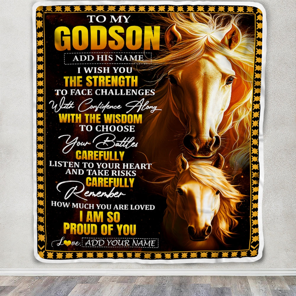 Personalized To My Godson Gifts Blanket From Godmother Godfather I Wish You The Strength Horse Godson Birthday Gifts Christmas Graduation Fleece Blanket | teecentury