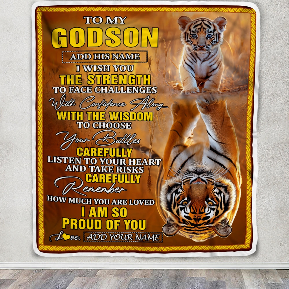 Personalized To My Godson Gifts Blanket From Godmother Godfather I Wish You The Strength Tiger Godson Birthday Gifts Christmas Graduation Fleece Blanket | teecentury