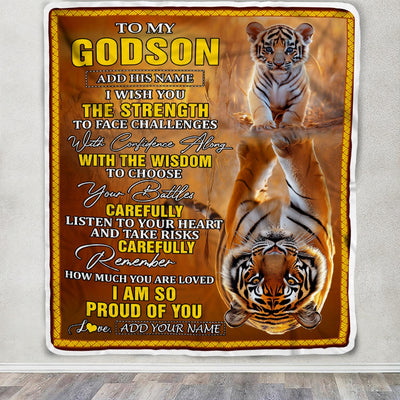 Personalized To My Godson Gifts Blanket From Godmother Godfather I Wish You The Strength Tiger Godson Birthday Gifts Christmas Graduation Fleece Blanket | teecentury