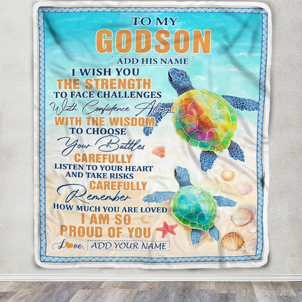 Personalized To My Godson Gifts Blanket From Godmother Godfather I Wish You The Strength Turtle Godson Birthday Gifts Christmas Graduation Fleece Blanket | teecentury