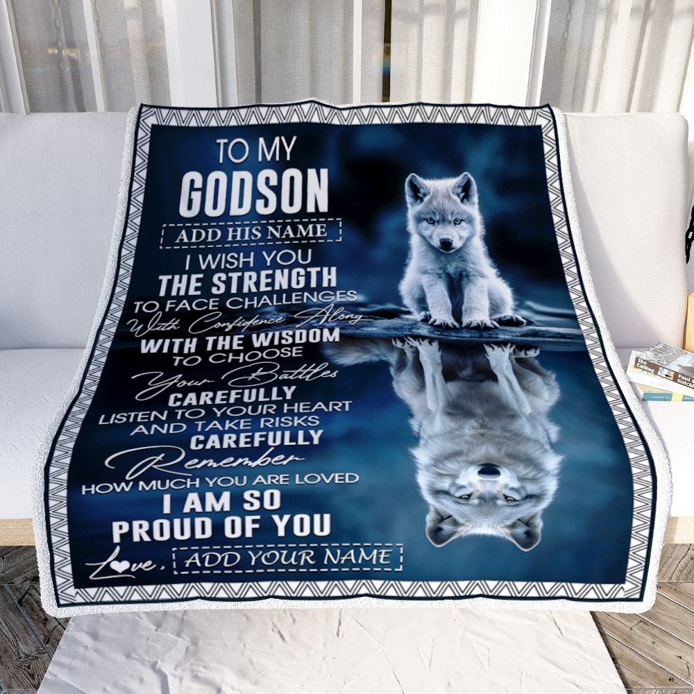 Personalized To My Godson Gifts Blanket From Godmother Godfather I Wish You The Strength Wolf Godson Birthday Gifts Christmas Graduation Fleece Blanket | teecentury