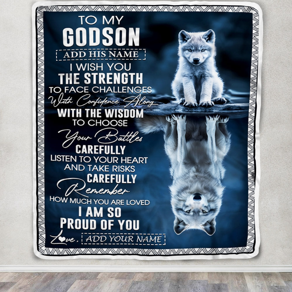 Personalized To My Godson Gifts Blanket From Godmother Godfather I Wish You The Strength Wolf Godson Birthday Gifts Christmas Graduation Fleece Blanket | teecentury