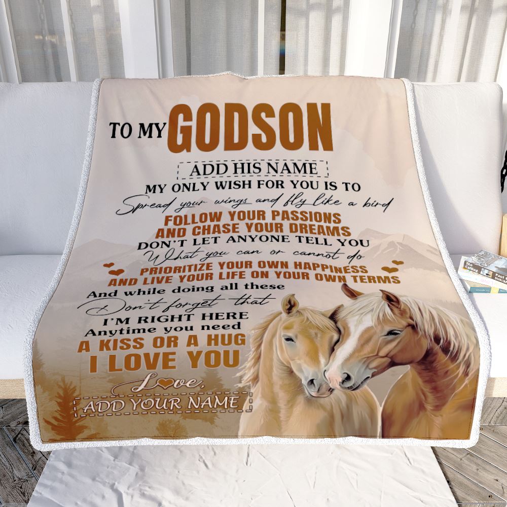 Personalized To My Godson Gifts Blanket From Godmother Uncle Horse My Only Wish For You Godson Birthday Gifts Graduation Christmas Customized Fleece Blanket | teecentury
