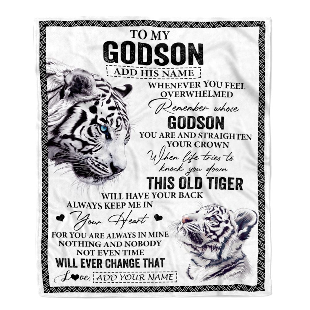 Personalized To My Godson Gifts Blanket From Godmother Uncle Whenever White Tiger Unique Birthday Gifts For Godson Graduation Christmas Fleece Throw Blanket | teecentury