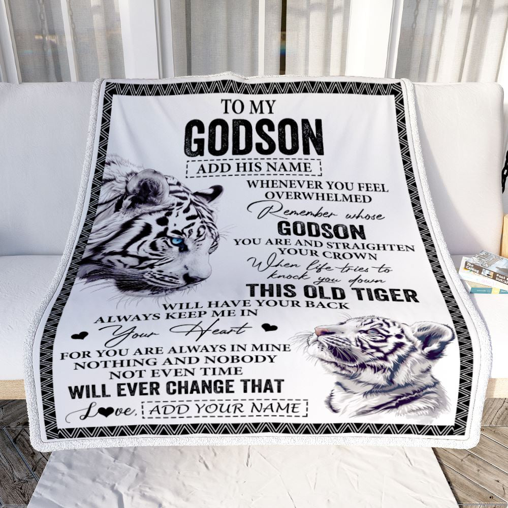 Personalized To My Godson Gifts Blanket From Godmother Uncle Whenever White Tiger Unique Birthday Gifts For Godson Graduation Christmas Fleece Throw Blanket | teecentury