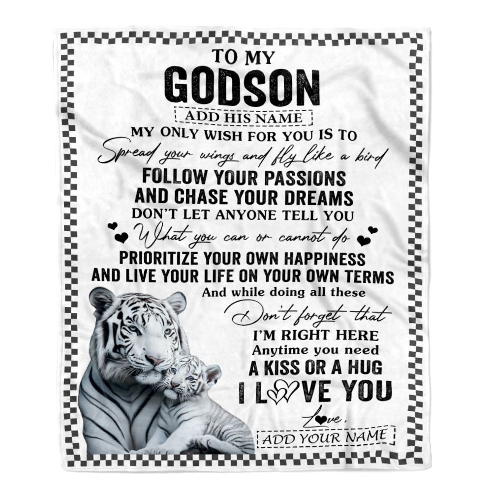 Personalized To My Godson Gifts Blanket From Godmother Uncle White Tiger My Only Wish For You Godson Birthday Gifts Graduation Christmas Fleece Throw Blanket | teecentury
