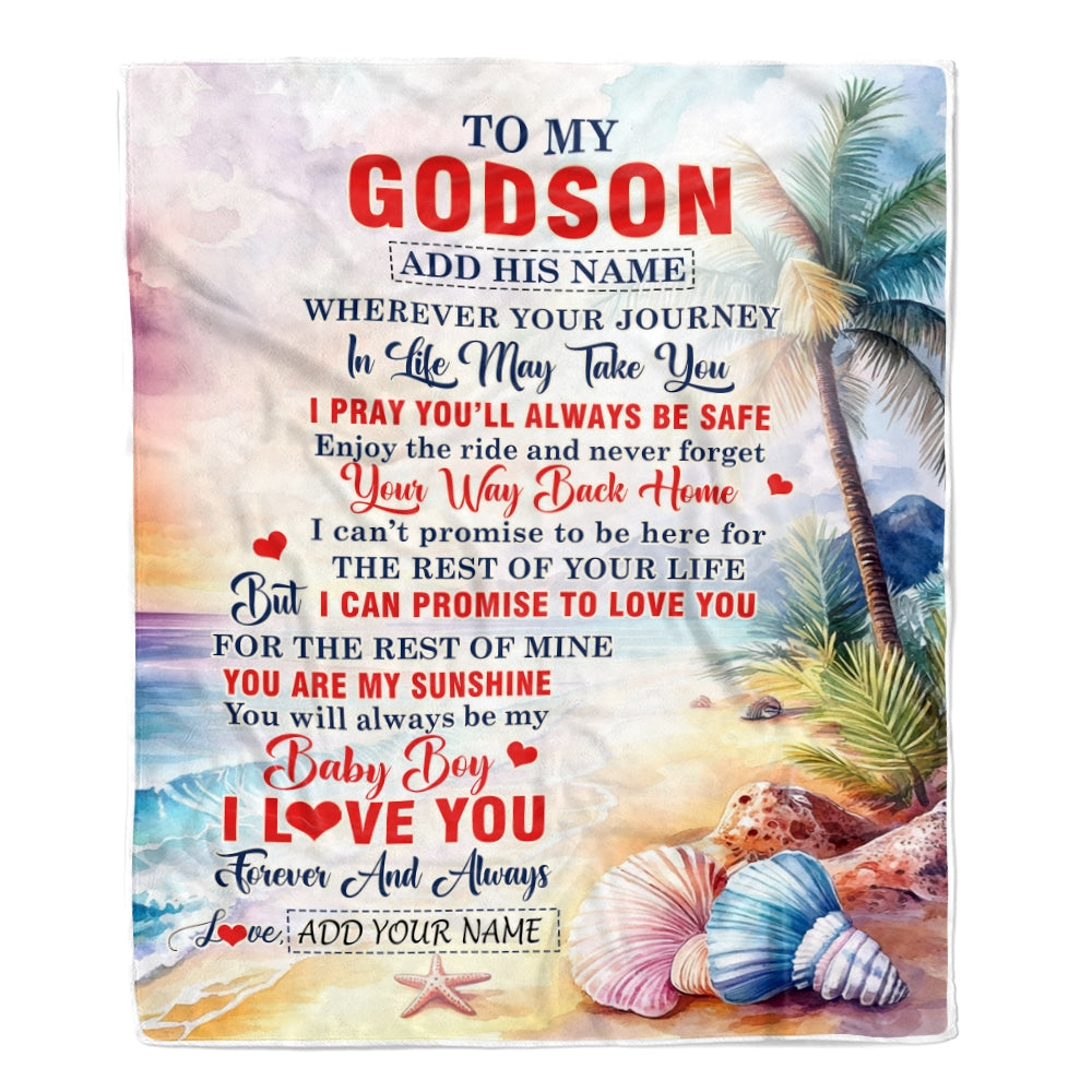 Personalized To My Godson Gifts Blanket From Godmother Wherever Your Journey In Life Beach Godson Birthday Gifts Graduation Customized Fleece Throw Blanket | teecentury