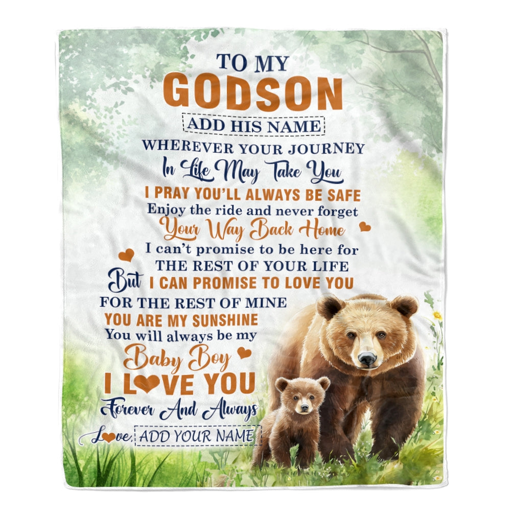Personalized To My Godson Gifts Blanket From Godmother Wherever Your Journey In Life Bear Godson Birthday Gifts Graduation Customized Fleece Throw Blanket | teecentury