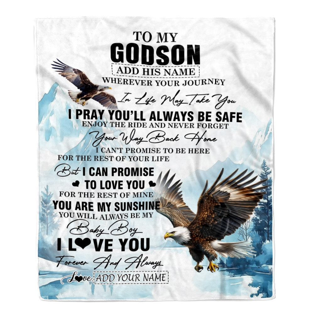 Personalized To My Godson Gifts Blanket From Godmother Wherever Your Journey In Life Eagle Godson Birthday Gifts Graduation Customized Fleece Throw Blanket | teecentury