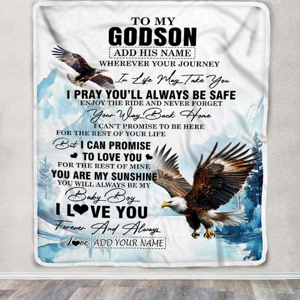 Personalized To My Godson Gifts Blanket From Godmother Wherever Your Journey In Life Eagle Godson Birthday Gifts Graduation Customized Fleece Throw Blanket | teecentury
