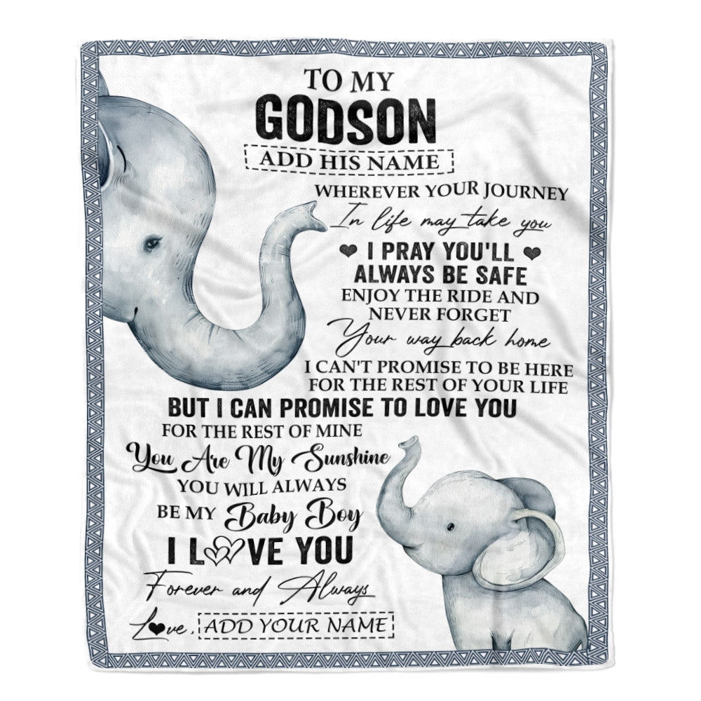 Personalized To My Godson Gifts Blanket From Godmother Wherever Your Journey In Life Elephant Godson Birthday Gifts Graduation Customized Fleece Throw Blanket | teecentury