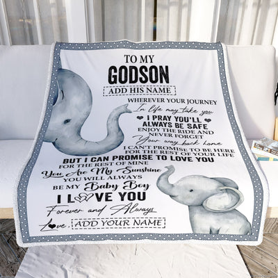 Personalized To My Godson Gifts Blanket From Godmother Wherever Your Journey In Life Elephant Godson Birthday Gifts Graduation Customized Fleece Throw Blanket | teecentury