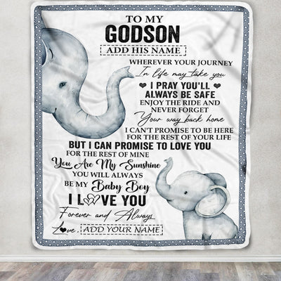 Personalized To My Godson Gifts Blanket From Godmother Wherever Your Journey In Life Elephant Godson Birthday Gifts Graduation Customized Fleece Throw Blanket | teecentury