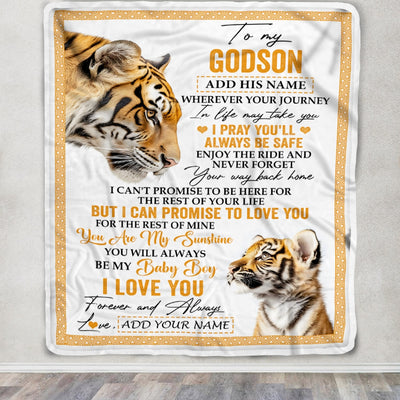 Personalized To My Godson Gifts Blanket From Godmother Wherever Your Journey In Life Tiger Godson Birthday Gifts Graduation Customized Fleece Throw Blanket | teecentury