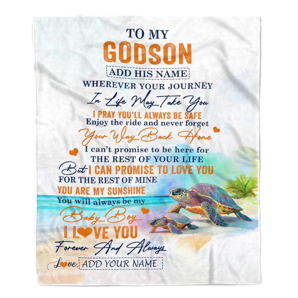 Personalized To My Godson Gifts Blanket From Godmother Wherever Your Journey In Life Turtle Godson Birthday Gifts Graduation Customized Fleece Throw Blanket | teecentury