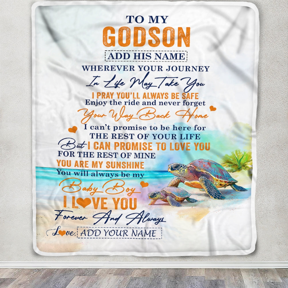 Personalized To My Godson Gifts Blanket From Godmother Wherever Your Journey In Life Turtle Godson Birthday Gifts Graduation Customized Fleece Throw Blanket | teecentury
