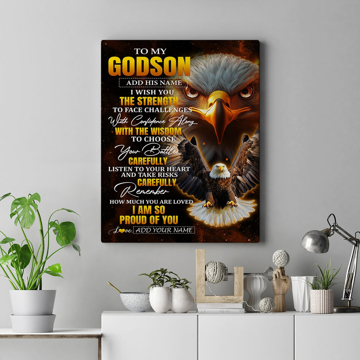 Personalized To My Godson Gifts Canvas From Godmother Godfather I Wish You The Strength Eagle Godson Birthday Gifts Christmas Graduation Custom Wall Art Framed Canvas | teecentury