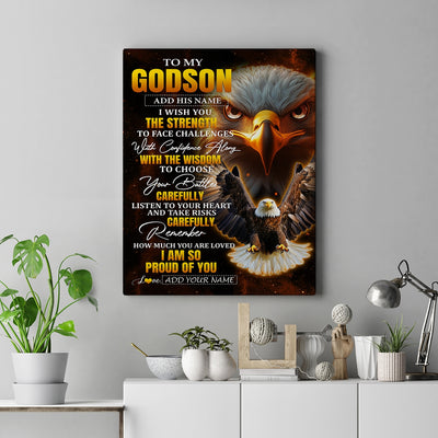 Personalized To My Godson Gifts Canvas From Godmother Godfather I Wish You The Strength Eagle Godson Birthday Gifts Christmas Graduation Custom Wall Art Framed Canvas | teecentury