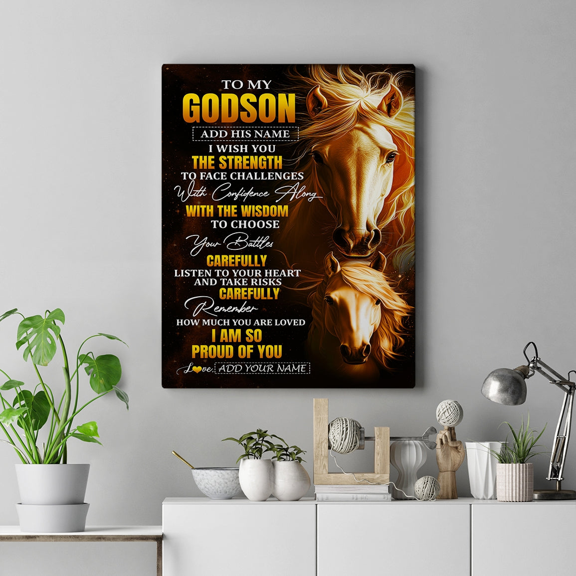 Personalized To My Godson Gifts Canvas From Godmother Godfather I Wish You The Strength Horse Godson Birthday Gifts Christmas Graduation Custom Wall Art Framed Canvas | teecentury