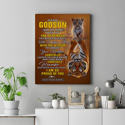 Personalized To My Godson Gifts Canvas From Godmother Godfather I Wish You The Strength Tiger Godson Birthday Gifts Christmas Graduation Custom Wall Art Framed Canvas | teecentury