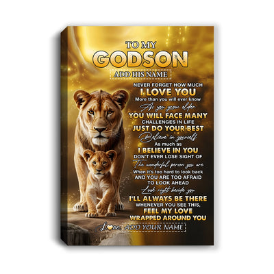 Personalized To My Godson Gifts Canvas From Godmother Never Forget How Much I Love You Lion Goddaughter Birthday Gifts Christmas Custom Wall Art Framed Canvas | teecentury