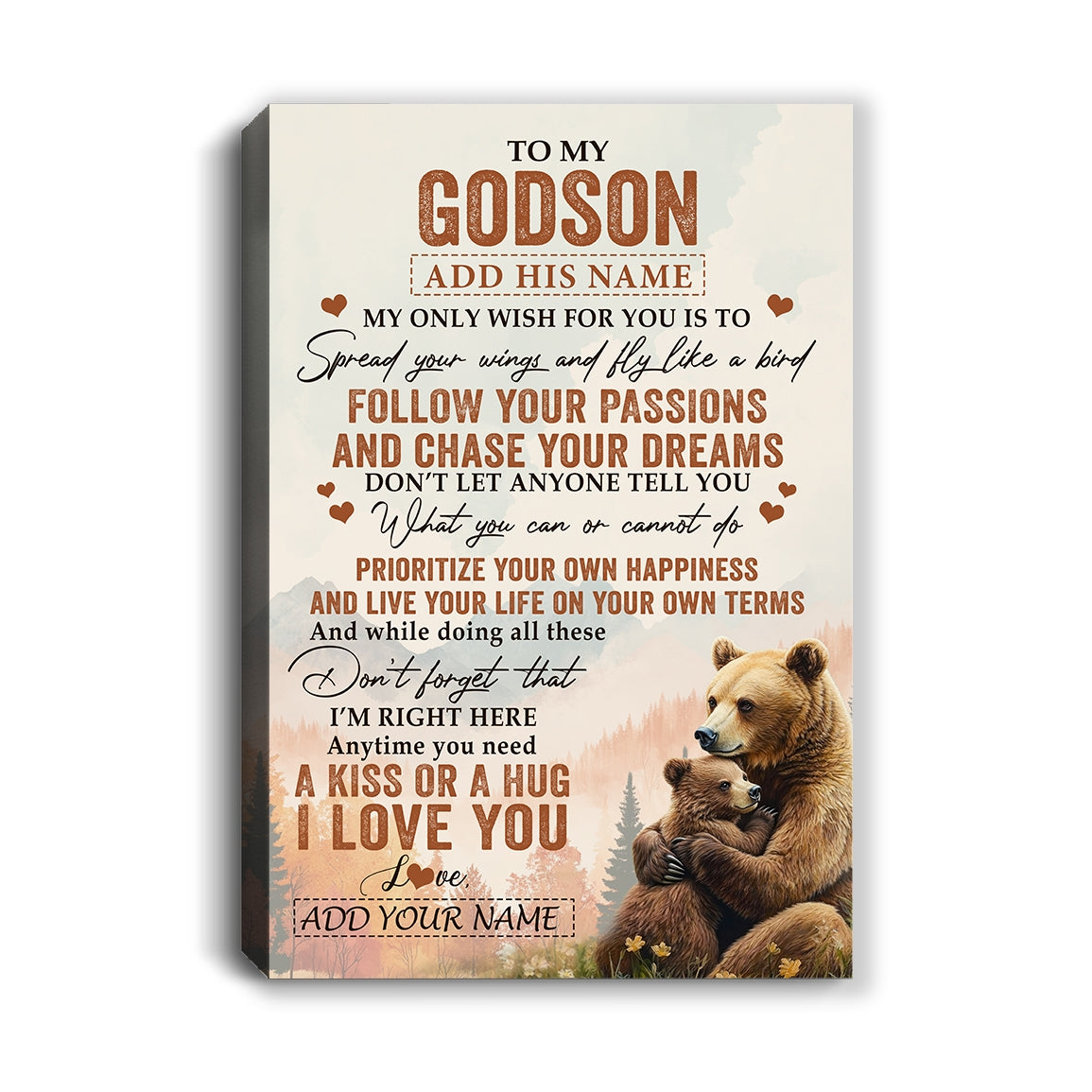 Personalized To My Godson Gifts Canvas From Godmother Uncle Bear My Only Wish For You Godson Birthday Gifts Graduation Christmas Custom Wall Art Print Framed Canvas | teecentury