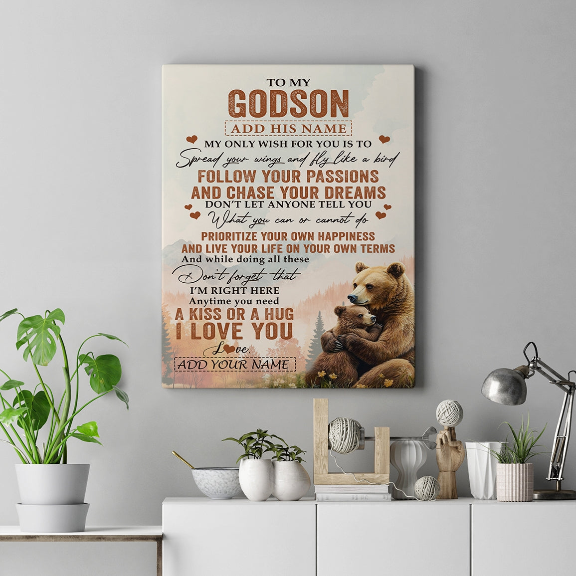 Personalized To My Godson Gifts Canvas From Godmother Uncle Bear My Only Wish For You Godson Birthday Gifts Graduation Christmas Custom Wall Art Print Framed Canvas | teecentury