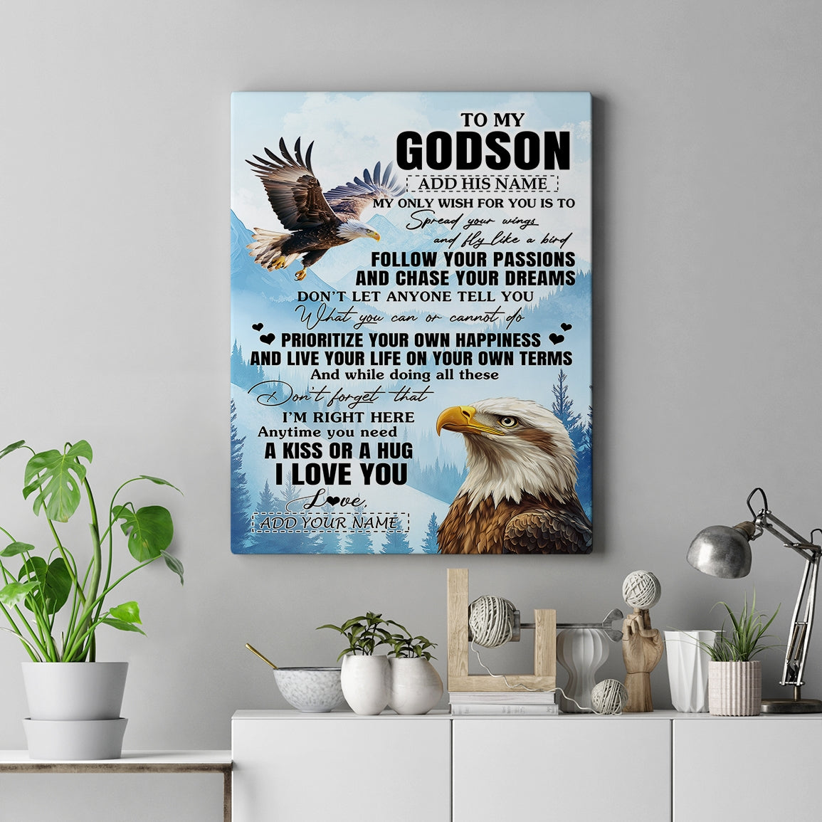 Personalized To My Godson Gifts Canvas From Godmother Uncle Eagle My Only Wish For You Godson Birthday Gifts Graduation Christmas Custom Wall Art Print Framed Canvas | teecentury