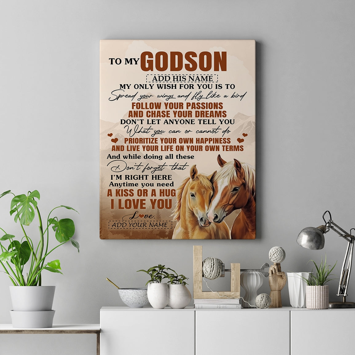 Personalized To My Godson Gifts Canvas From Godmother Uncle Horse My Only Wish For You Godson Birthday Gifts Graduation Christmas Custom Wall Art Framed Canvas | teecentury
