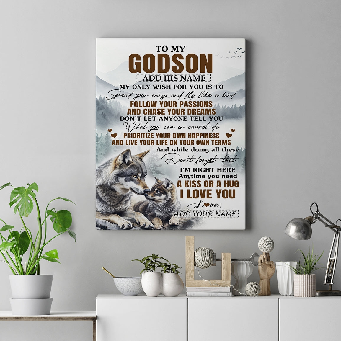 Personalized To My Godson Gifts Canvas From Godmother Uncle Wolf My Only Wish For You Godson Birthday Gifts Graduation Christmas Customized Wall Art Framed Canvas | teecentury