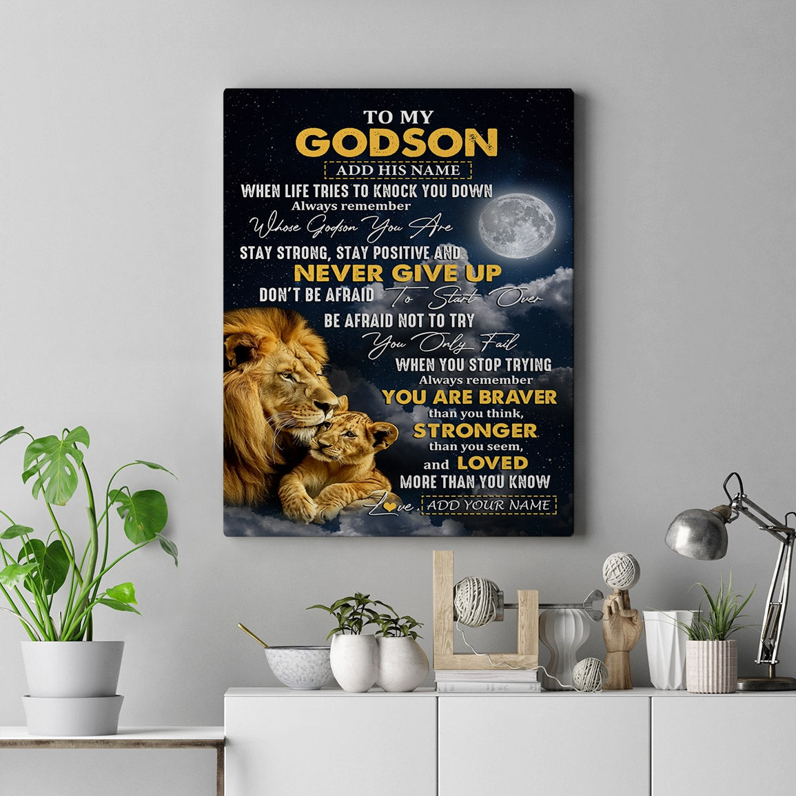 Personalized To My Godson Gifts Canvas From Uncle Aunt Lion Never Give Up Godson Birthday Gifts Graduation Christmas Custom Wall Art Print Framed Canvas | teecentury