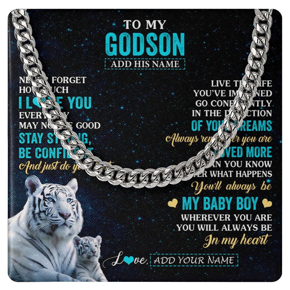 Cuban Link Chain Necklace Stainless Steel | 1 | Personalized To My Godson Gifts From Aunt Necklace White Tiger Never Forget How Much I Love You Godson Birthday Graduation Christmas Gift Box Message Card | teecentury.myshopify