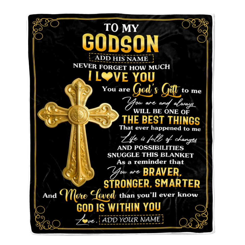Personalized To My Godson Gifts From Godfather Blanket Christian God Is With You Gifts For Godson Birthday Present Graduation Christmas Custom Fleece Blanket | teecentury