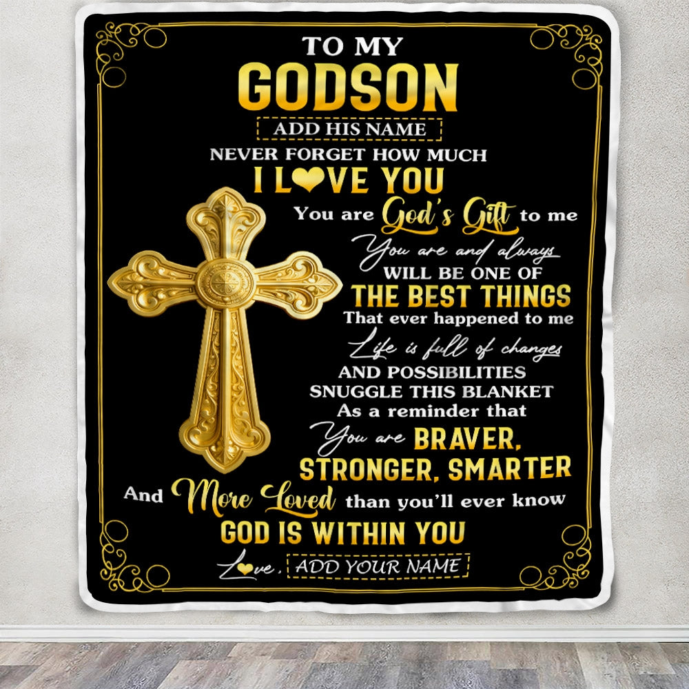 Personalized To My Godson Gifts From Godfather Blanket Christian God Is With You Gifts For Godson Birthday Present Graduation Christmas Custom Fleece Blanket | teecentury