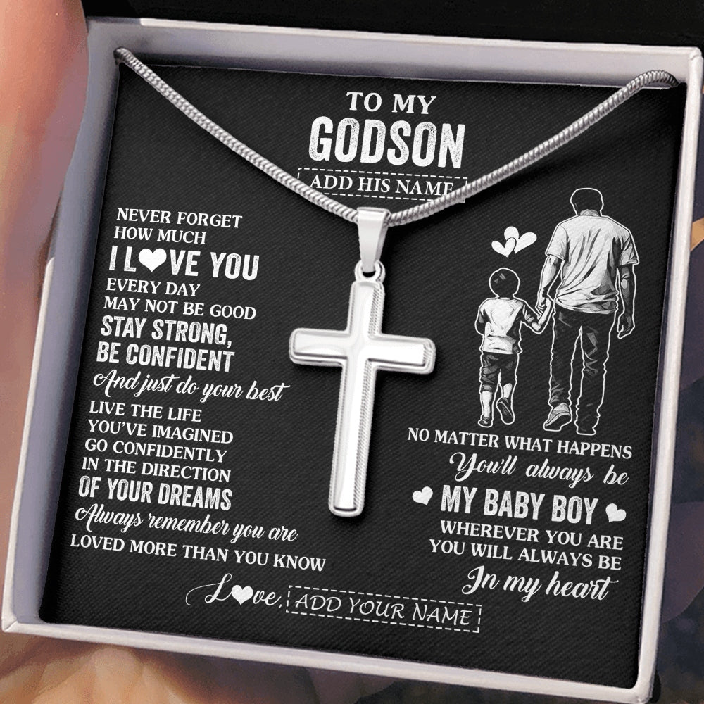 Stainless Cross Necklace Stainless Steel | 2 | Personalized To My Godson Gifts From Godfather Necklace Never Forget How Much I Love You Godson Birthday Graduation Christmas Custom Gift Box Message Card | https://teecentury.