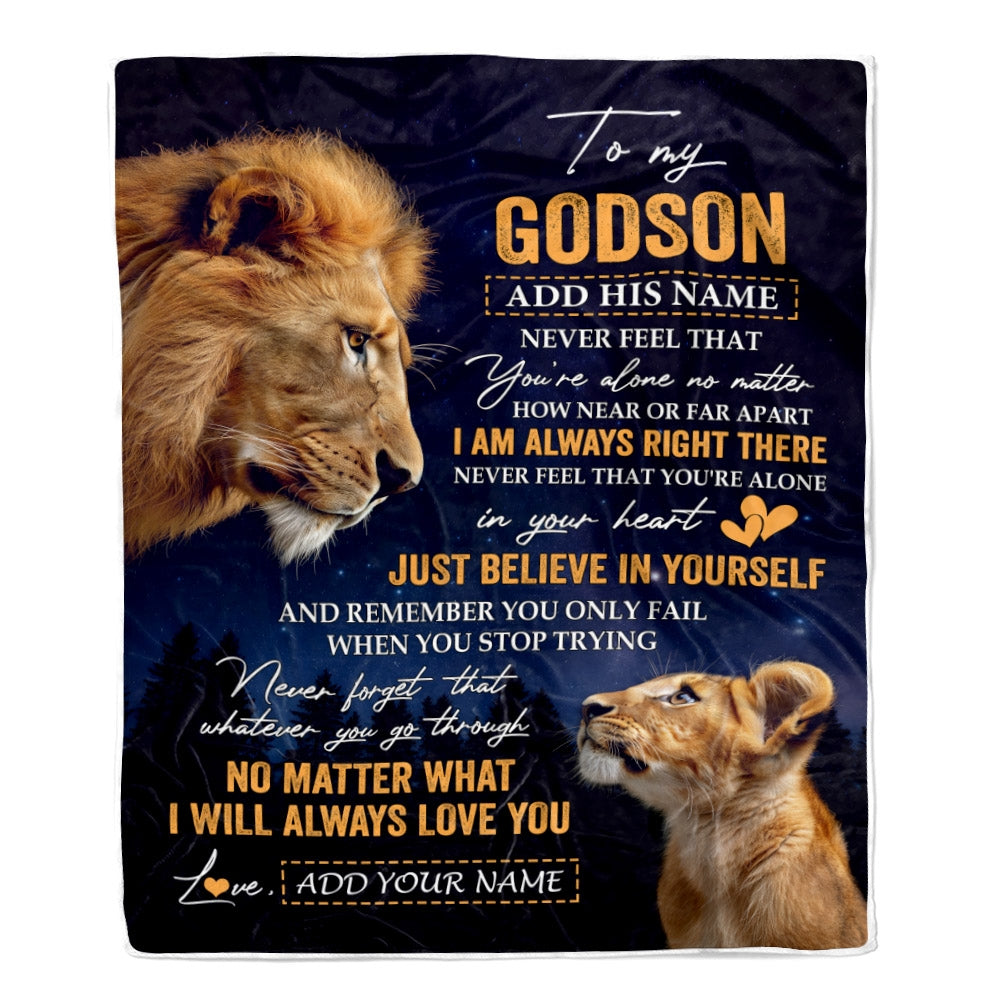 Personalized To My Godson Gifts From Godfather Uncle Blanket Lion Never Feel Alone Birthday Gifts Godson Graduation Valentines Christmas Fleece Blanket | teecentury