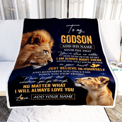 Personalized To My Godson Gifts From Godfather Uncle Blanket Lion Never Feel Alone Birthday Gifts Godson Graduation Valentines Christmas Fleece Blanket | teecentury