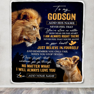 Personalized To My Godson Gifts From Godfather Uncle Blanket Lion Never Feel Alone Birthday Gifts Godson Graduation Valentines Christmas Fleece Blanket | teecentury