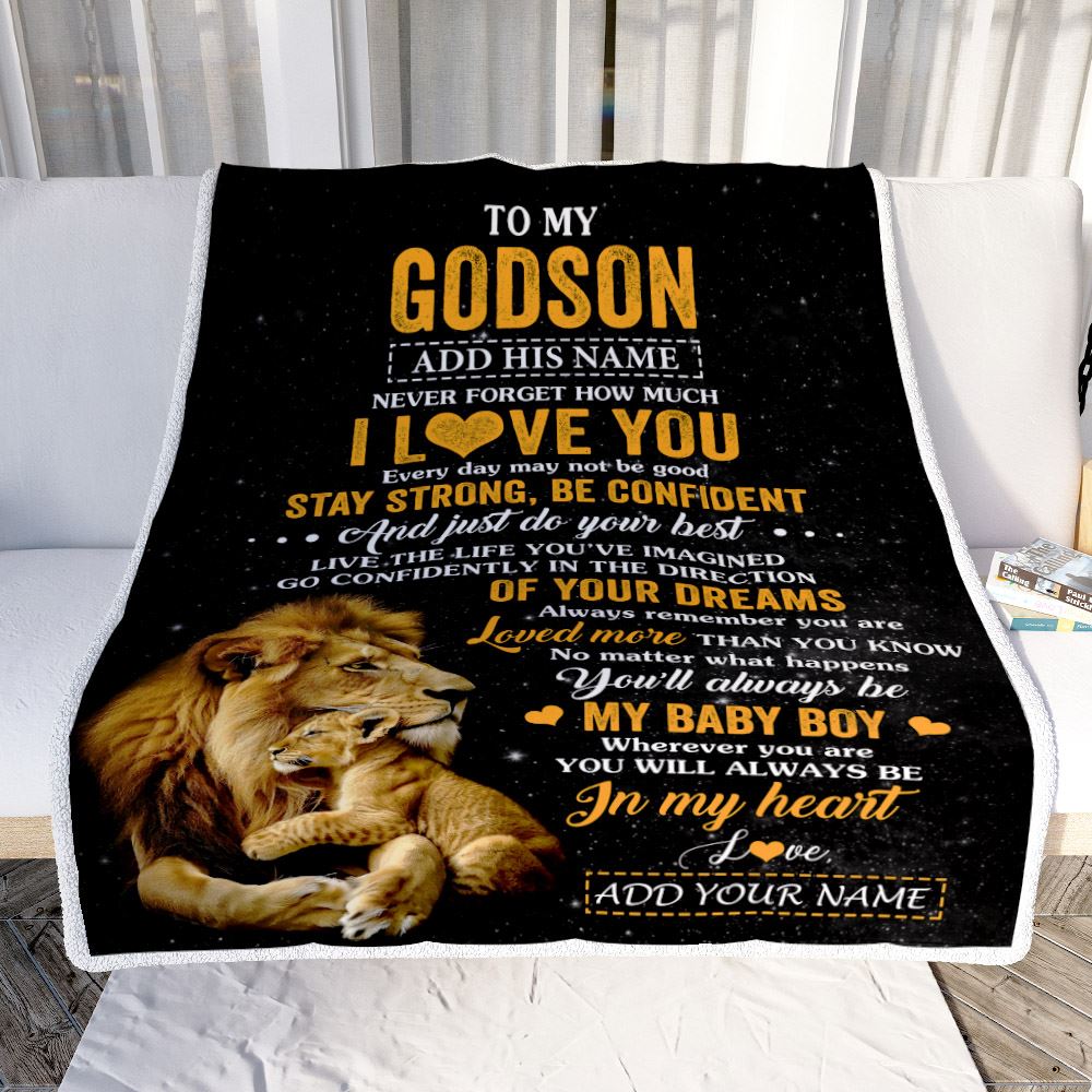 Personalized To My Godson Gifts From Godfather Uncle Blanket Lion Never Forget How Much I Love You Godson Birthday Graduation Christmas Fleece Throw Blanket | teecentury