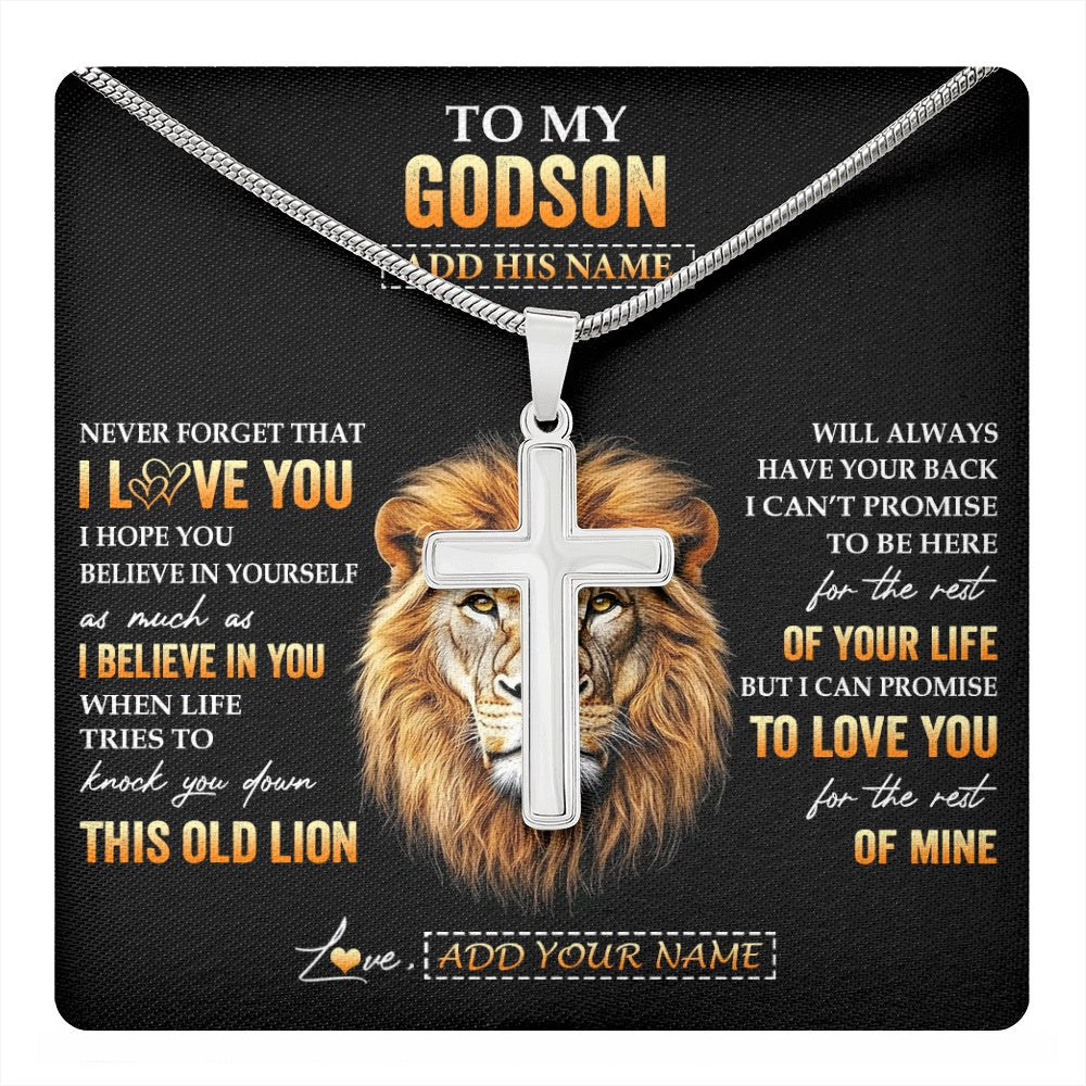 Stainless Cross Necklace Stainless Steel | 1 | Personalized To My Godson Gifts From Godfather Uncle Necklace Old Lion Love You Godson Birthday Gifts Graduation Christmas Customized Gift Box Message Card | teecentury.myshopify