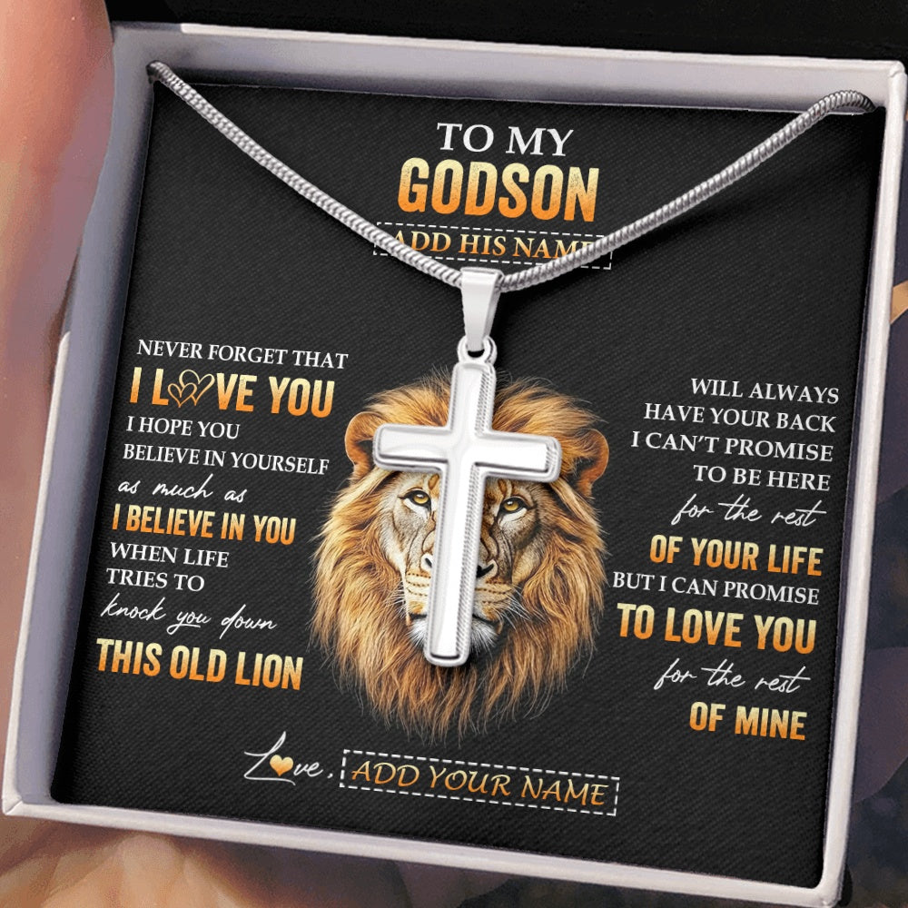Stainless Cross Necklace Stainless Steel | 2 | Personalized To My Godson Gifts From Godfather Uncle Necklace Old Lion Love You Godson Birthday Gifts Graduation Christmas Customized Gift Box Message Card | teecentury.myshopify