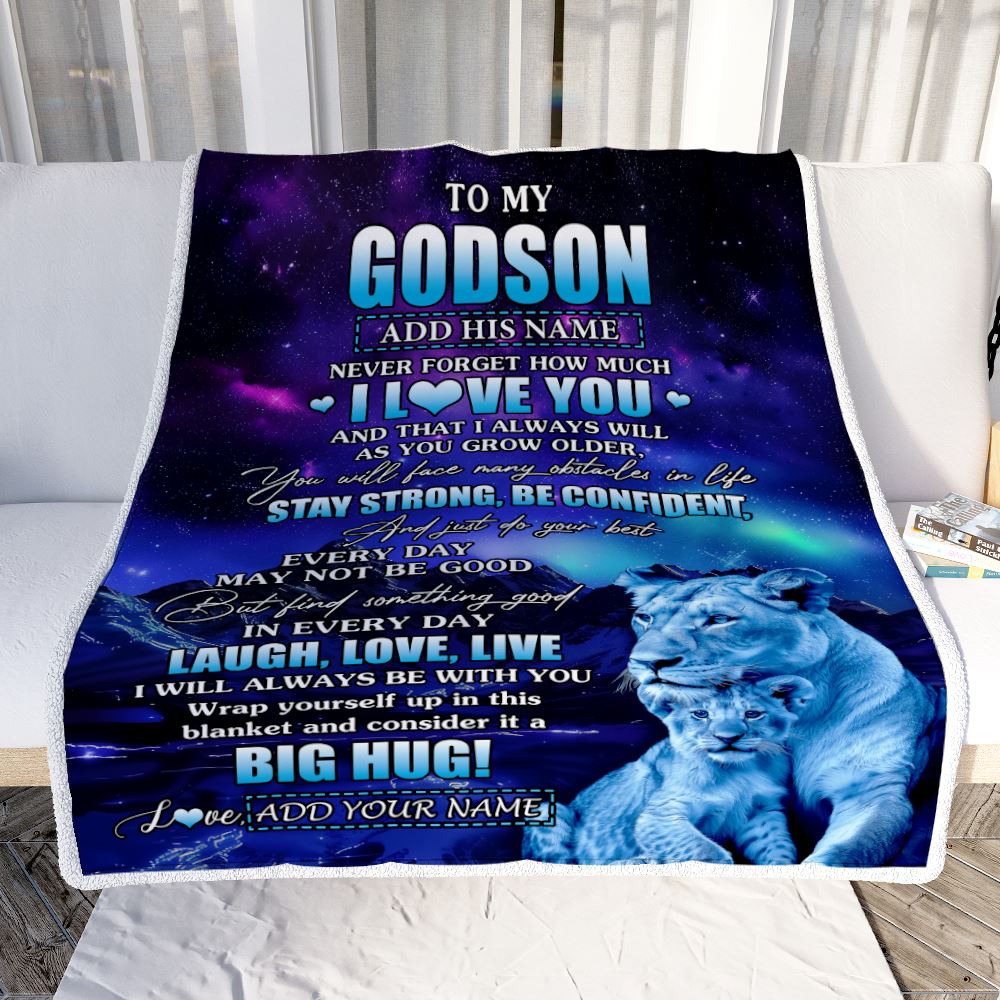 Personalized To My Godson Gifts From Godmother Aunt Blanket Laught Love Live Lion Great Godson Birthday Gifts Graduation Christmas Customized Fleece Blanket | teecentury